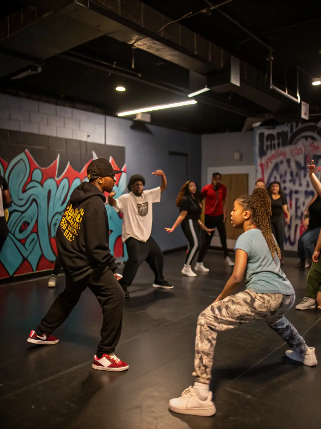 Teenagers practicing a hip-hop routine in a dance studio, showcasing the energy and creativity of the CYP DANCE hip-hop program.
