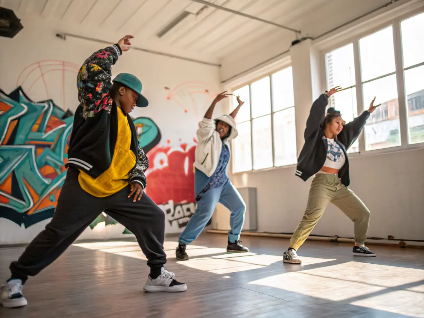 A dynamic shot of a hip-hop dance workshop at CYP DANCE, showcasing teenagers learning energetic routines and expressing themselves through movement.