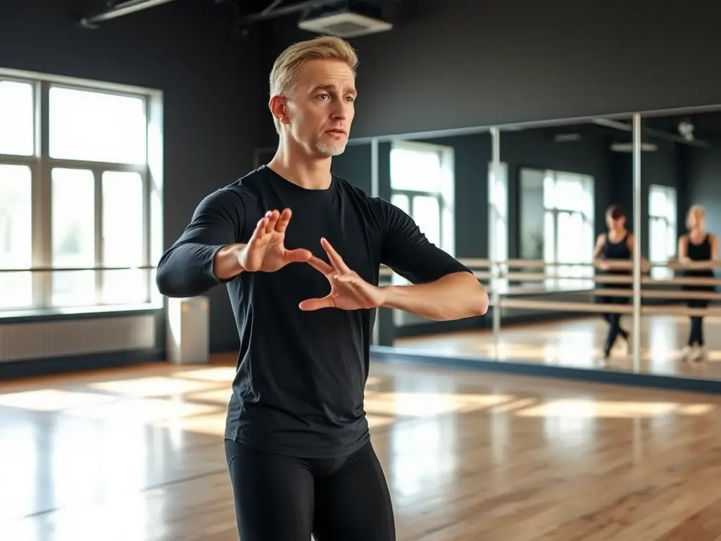 A close-up shot of a CYP DANCE instructor guiding students through a contemporary dance exercise, emphasizing fluidity and emotional expression.