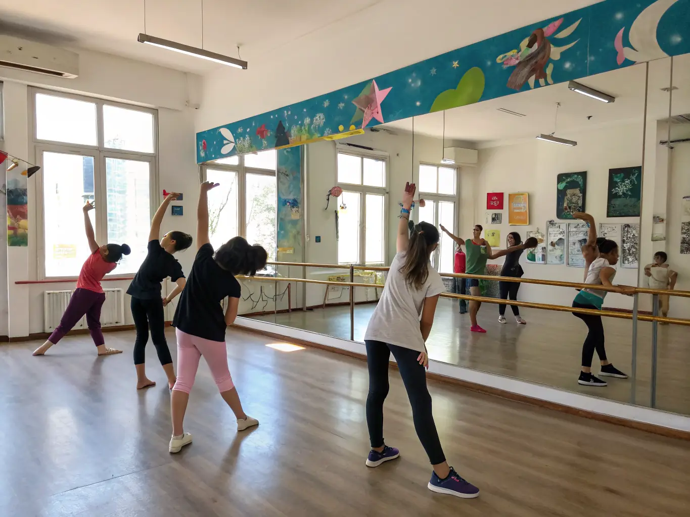 A vibrant photograph capturing the energy of a CYP DANCE workshop, with participants actively engaged in learning a new dance routine, set against a backdrop of a modern dance studio.