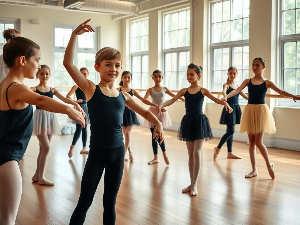 A captivating shot of a ballet class at CYP DANCE, featuring dancers of various ages practicing elegant poses and movements under the guidance of an experienced instructor.