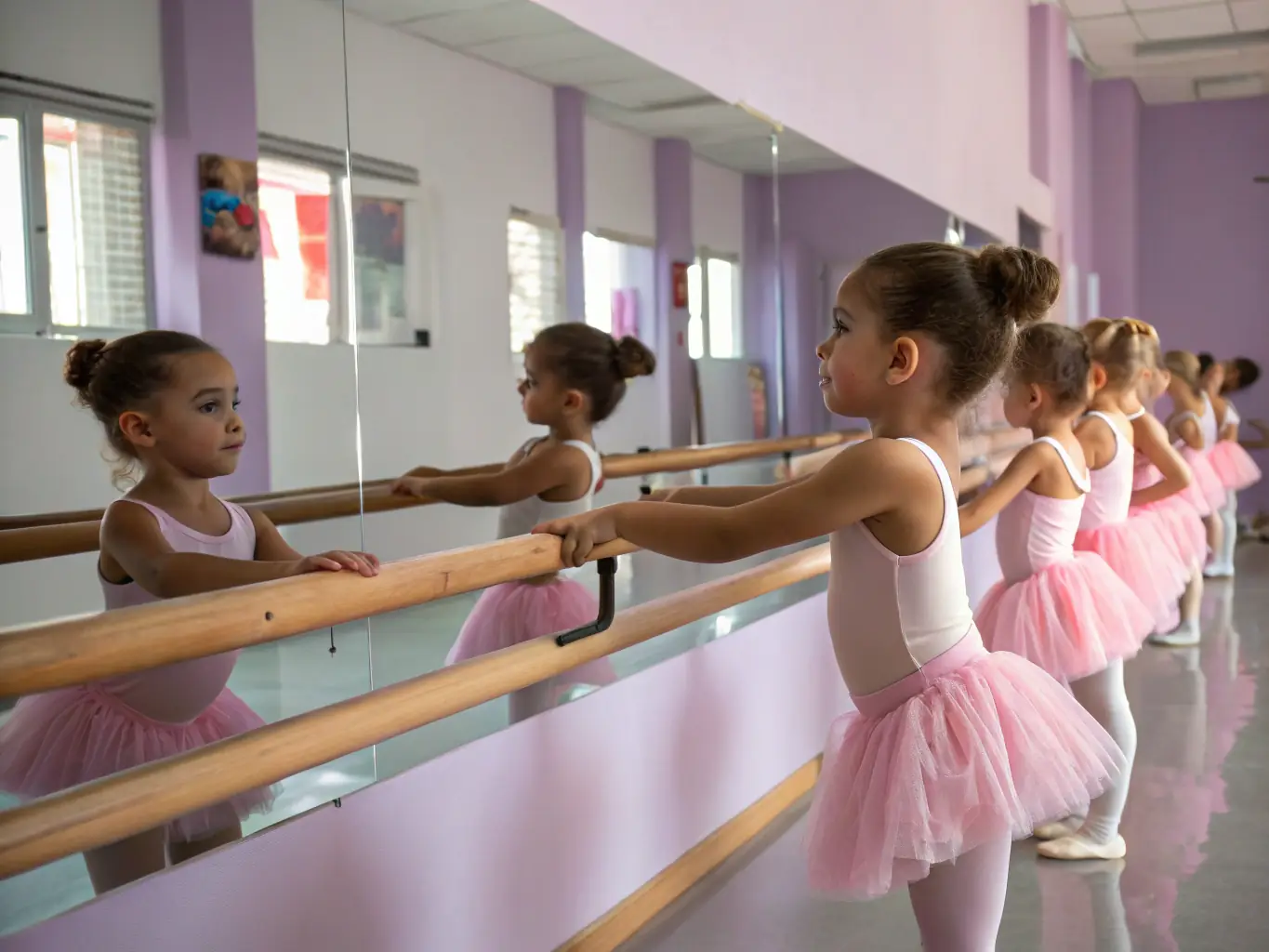 A vibrant image of a children's ballet class at CYP DANCE, with young dancers in tutus practicing their poses, reflecting the joy and discipline of dance education.