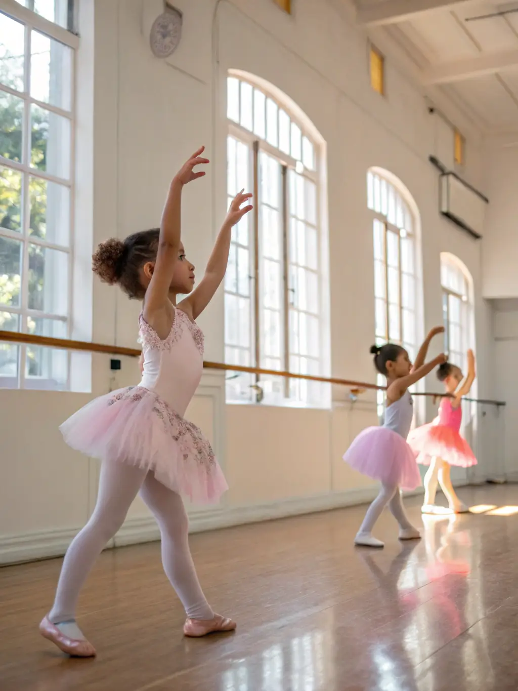 A group of young children in ballet attire practicing pliés in a brightly lit dance studio, reflecting the introductory ballet program for kids at CYP DANCE.