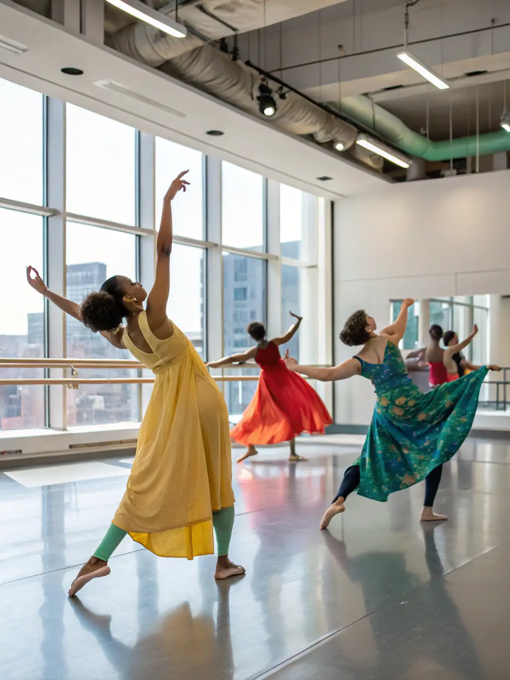 Adults learning contemporary dance moves in a studio, emphasizing the expressive and artistic nature of the CYP DANCE contemporary program.
