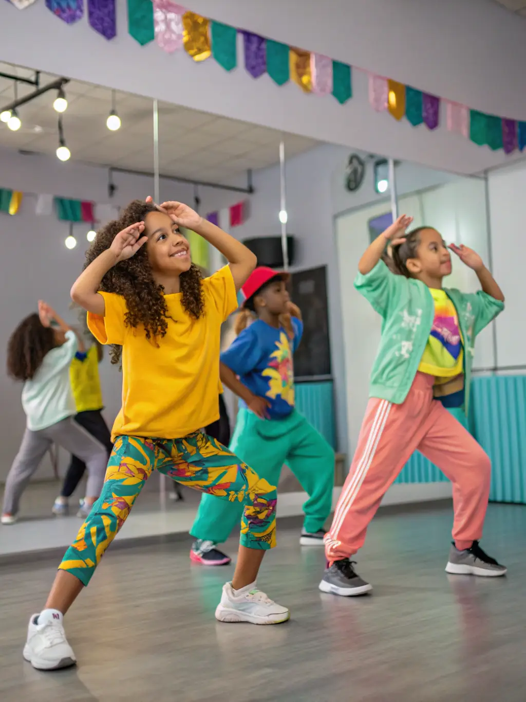 A group of teenagers energetically performing a hip-hop routine at CYP DANCE, demonstrating the fun and dynamic nature of hip-hop dance.